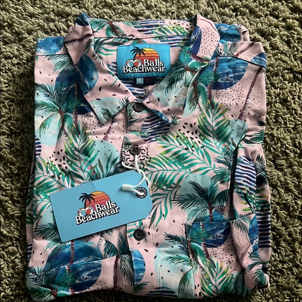 Casual Button Down Shirt in Pink and Green with Tropical Print